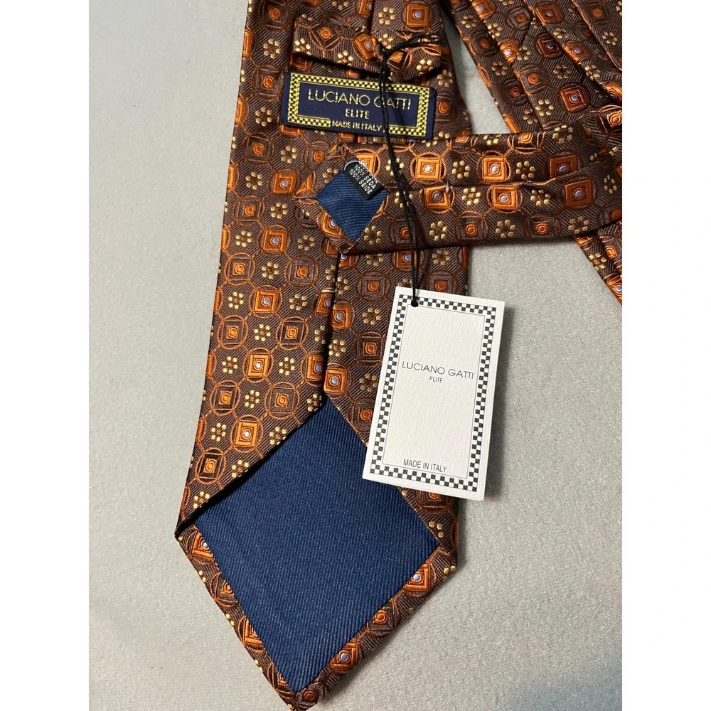 Luciano Gatti Elite Mens Brown Orange Geometric Silk Necktie‎ Italy NWT